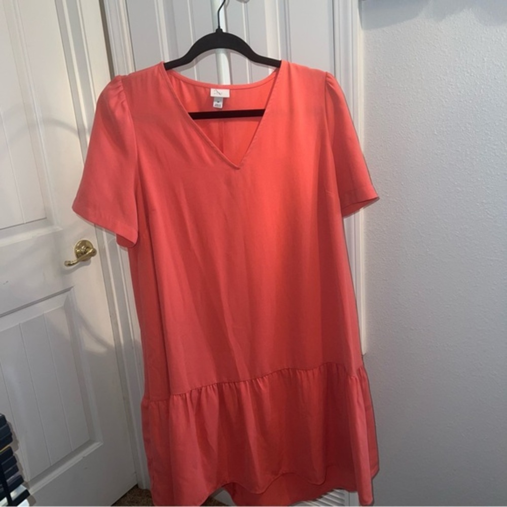 A New Day, V-Neck,  Ruffle Hem Coral Dress  - Medium